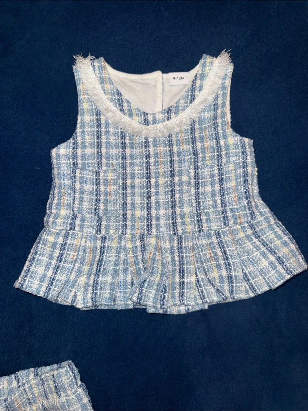 Girls Blue Plaid Tweed Peplum Jumpsuit